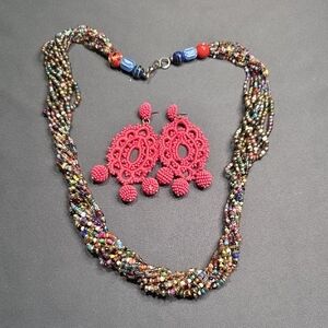 Multicolor Beaded Necklace and Pink Crochet Earrings Set